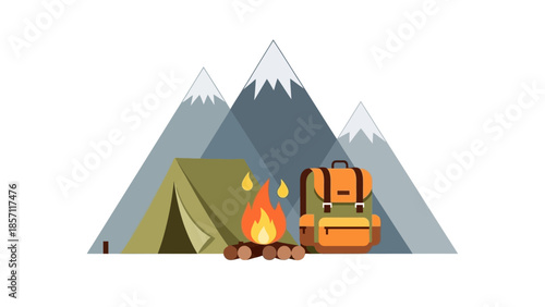 Peaceful mountain retreat with a cozy campfire and a ready tent for wilderness adventure