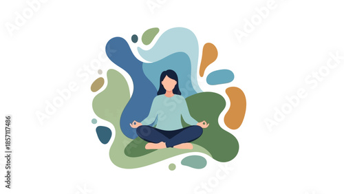 Woman meditating in lotus position surrounded by abstract shapes