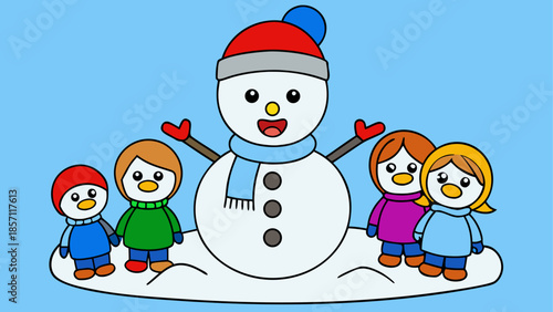 Children celebrating winter with a snowman