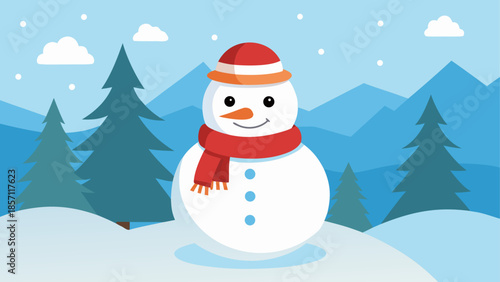 Happy snowman in winter landscape