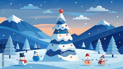 Winter wonderland with snowman and christmas tree