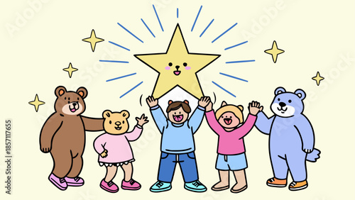 Children celebrating with star and bears