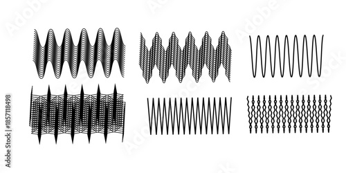 Sketchy backgrounds with array of lines. Abstract chaotic textures. Wavy backdrops. Hand drawn tangled patterns. Black and white illustration
