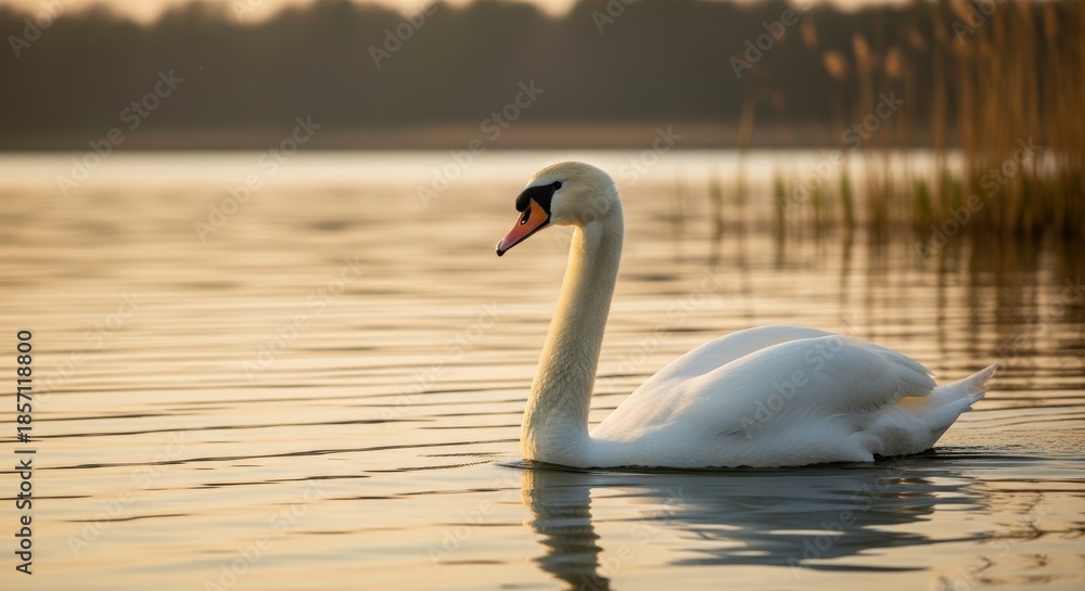 Fototapeta premium Elegant swan gliding gracefully across a serene lake at sunrise casting golden reflections