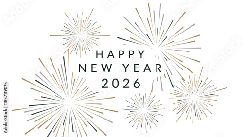 Graphic design of fireworks and Happy New Year 2026 text on a white background with a celebratory mood.