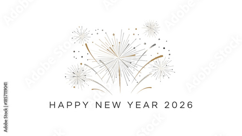 Happy New Year 2026 greeting card with fireworks design on white background.
