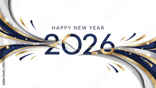 Graphic design with 'HAPPY NEW YEAR 2026' text in navy blue and gold on a white background with abstract curved lines.