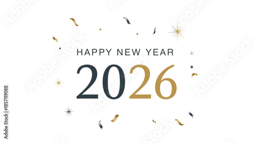 Graphic design of Happy New Year 2026 with confetti on a white background in a celebratory style.