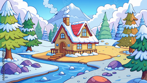 Cozy cottage in snowy forest