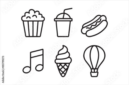 Simple line drawings of popcorn a drink hotdog music note ice cream and balloon