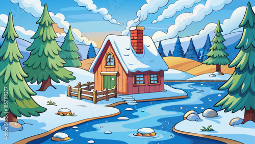 Cozy cabin in winter wonderland