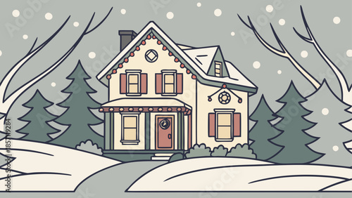 Cozy winter cottage in snowy landscape