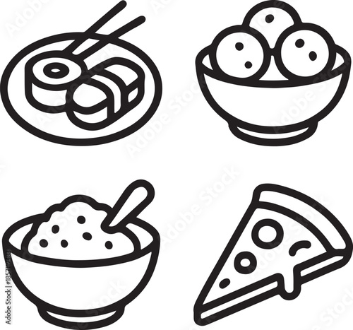 A collection of diverse food icons including sushi ramen rice and pizza