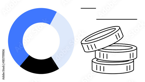 Data analytics, financial planning, investment trends, savings, budgeting, business performance. A pie chart and coins illustration. Financial planning and investment trends concept