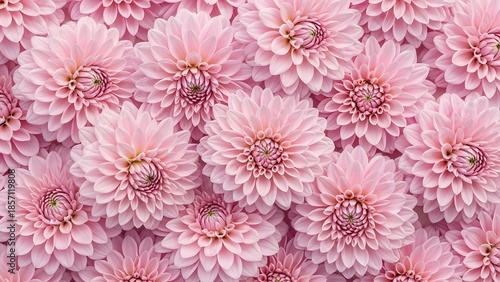 Full frame top view of numerous pink dahlia flowers forming a lush and vibrant floral pattern