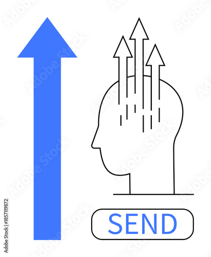Communication concept. Communication with upward arrows emerging from a head profile, idea sharing. Communication enhancing interpersonal interaction and data flow. For teamwork, messaging