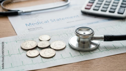 Healthcare Costs Medical Statement Document with Stethoscope Coins and Calculator on Desk