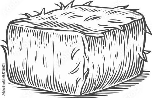  Vector style hand-drawn square hay bale illustration, vintage engraving and etching style