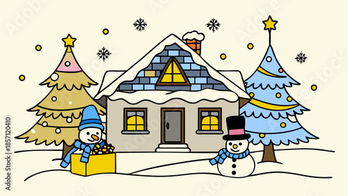 Cozy winter cottage with snowmen