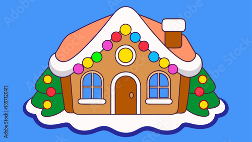 Colorful gingerbread house with snow