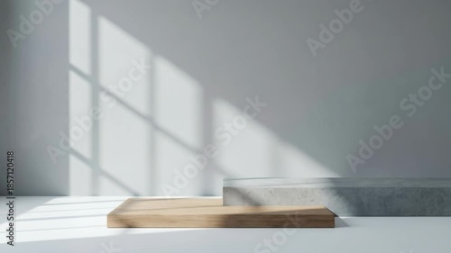 Minimalist Display Stand with Natural Wood and Concrete Pedestals in a Bright Studio with Window Light Shadows