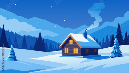 Cozy cabin in snowy mountain landscape