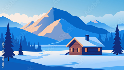 Serene mountain cabin in winter
