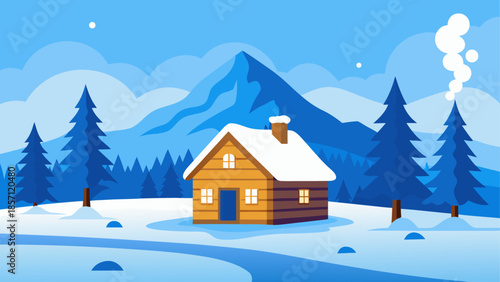 Cozy cabin in snowy mountain landscape
