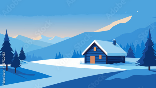Serene winter cabin in snowy mountains