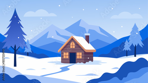 Cozy cabin in snowy mountain landscape