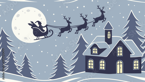 Santa claus flying over a snowy village