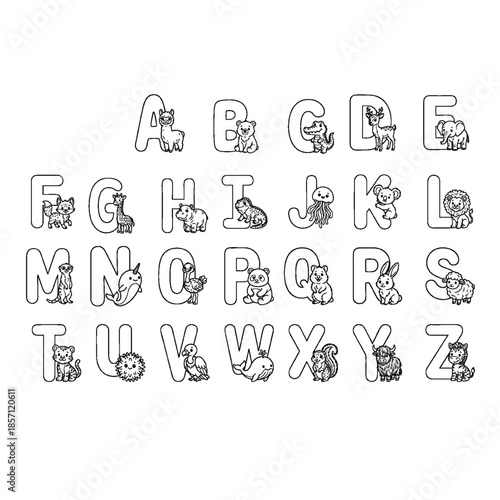 Cute Animal Alphabet Coloring Page for Kids, Black and White Line Art
