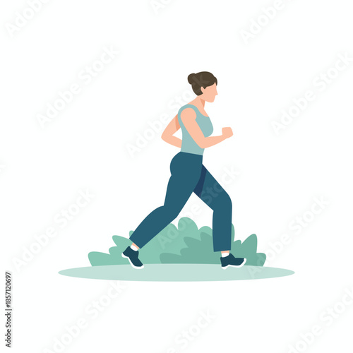Flat vector illustration of a young woman jogging or power walking in the park for wellness and a healthy lifestyle. Active woman character jogging in nature