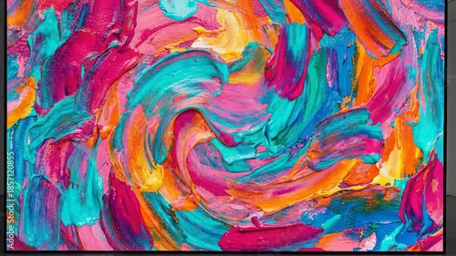 Vibrant Abstract Brush Strokes Displayed on a Large Modern LED Screen in a Gallery Setting