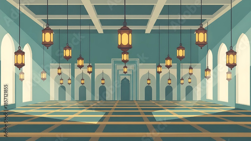 Interior of an Islamic mosque hall with numerous hanging lamps casting a warm glow, architectural design