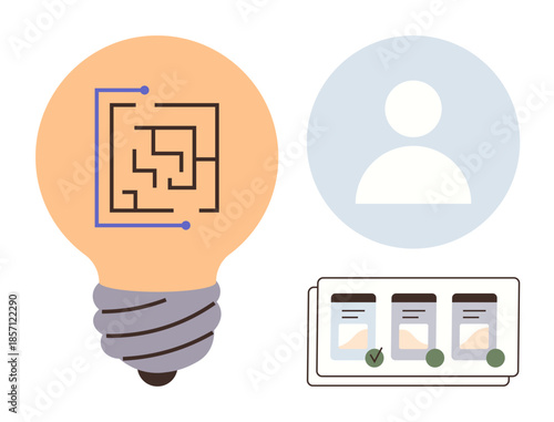 Light bulb with circuit design, user profile icon, and tasklist representing creativity, technology, user focus, process management, decision-making, productivity, and simple flat metaphor