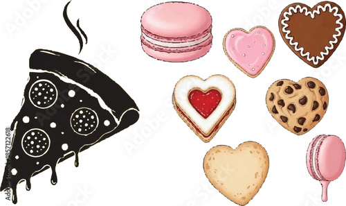 SEO Title: Pizza Slice and Heart Shaped Cookies Dessert Vector Collection