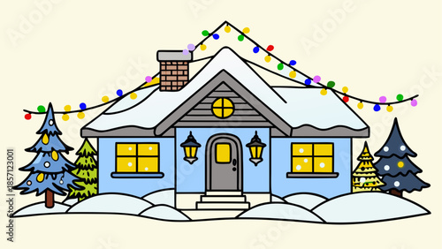 Cozy winter cottage with holiday lights