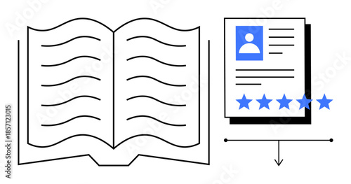 Open book alongside a profile document featuring a five-star rating and user icon. Ideal for education, career assessment, recruitment, self-improvement, data management, documentation, and online