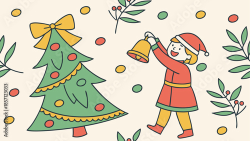 Child ringing bell near christmas tree