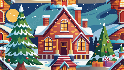 Cozy winter cottage with snowy landscape