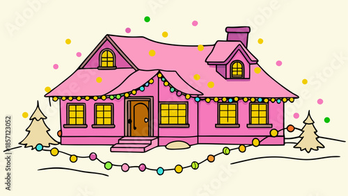 Cozy pink cottage with christmas lights