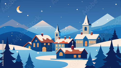 Serene winter village under moonlit night