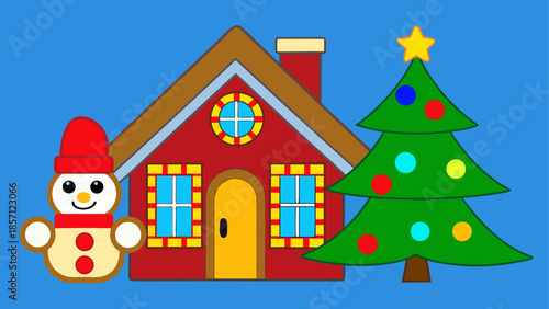 Cozy christmas cottage with snowman and tree