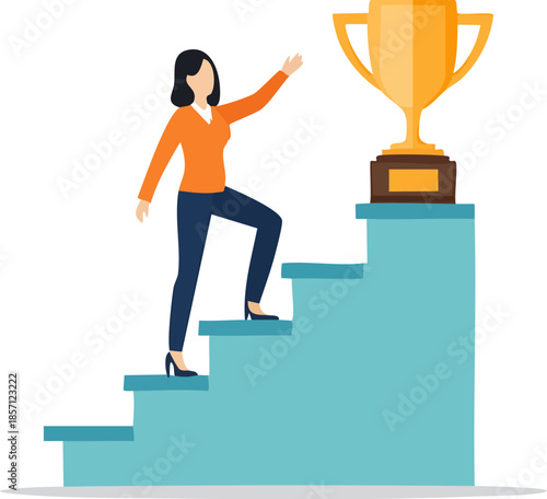 Businesswoman climbing a staircase toward a trophy, flat vector illustration for career growth and goals. Generative AI