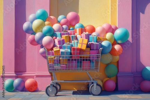 Colorful Balloons   Gifts in Shopping Cart Against Pastel Wall