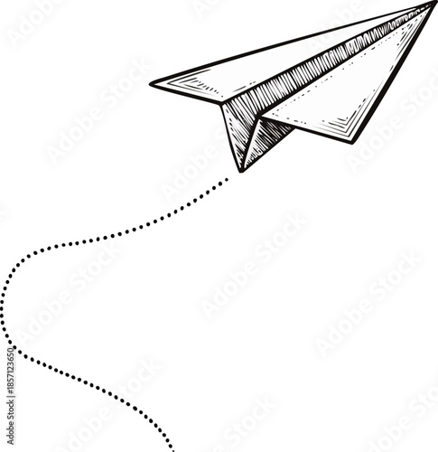 Hand drawn sketch of a paper plane flying with a dotted trail, representing travel, freedom, and creativity. Generative AI