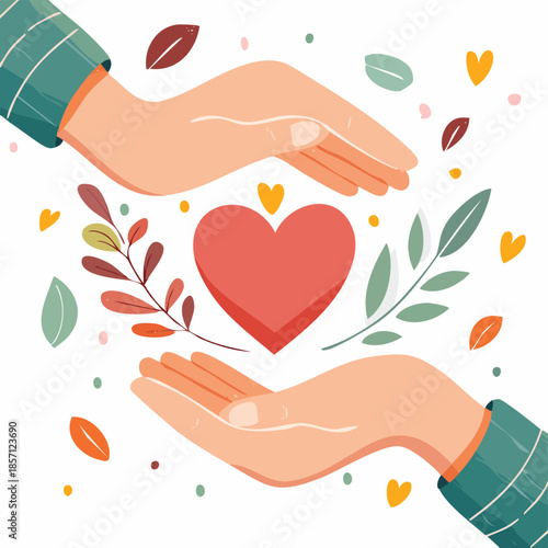 Hands holding a red heart surrounded by leaves, concept of self-care, love, and mental health. Generative AI