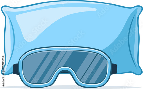 Blue pillow and sleep mask set for rest, travel, and wellness. Cartoon vector isolated on white background. Generative AI