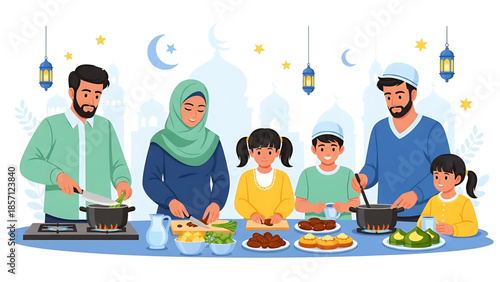 Happy Muslim family cooking together for a festive celebration. Parents and children prepare traditional food, symbolizing unity, cultural traditions, and family bonding in a home kitchen